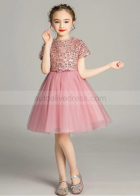 Short Sleeves Mauve Sequined Lace Tulle Flower Girl Dress